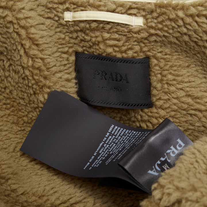 PRADA 2023 Runway shearling trim canvas hooded cropped bomber jacket IT48 M
