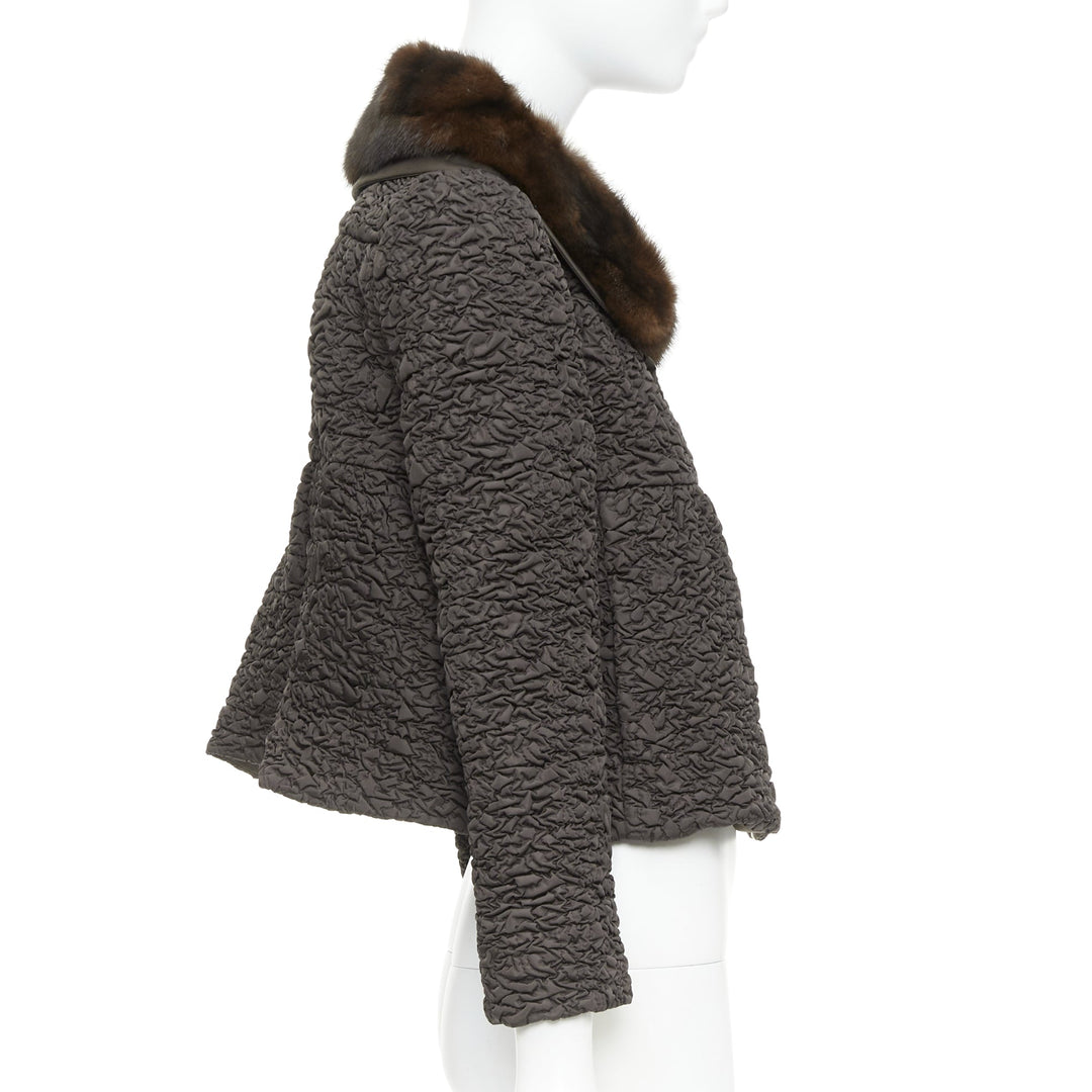 PRADA 2010 brown mink fur collar crinkled quilted puff sleeve jacket IT40 S