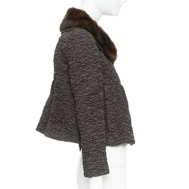 PRADA 2010 brown mink fur collar crinkled quilted puff sleeve jacket IT40 S