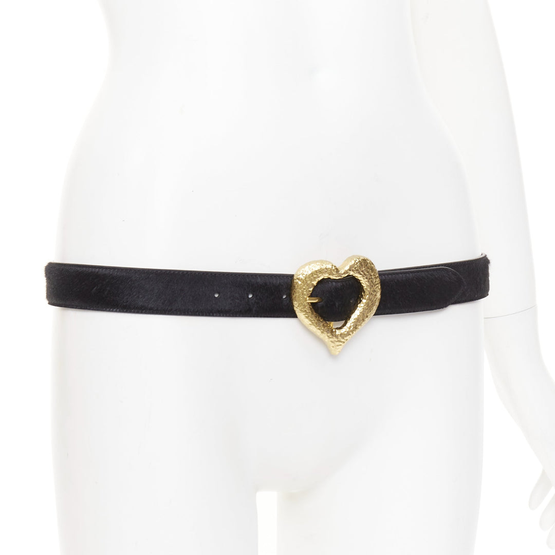 SAINT LAURENT 2021 Heart Buckle black calf hair gold hammered metal belt 65cm