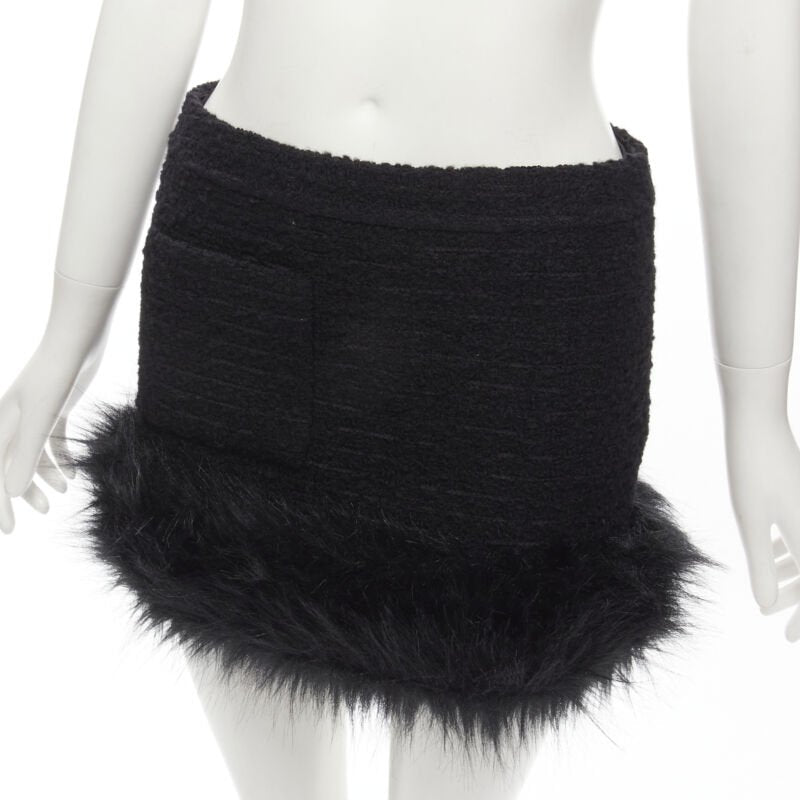 SAINT LAURENT 2022 black tweed faux fur trimmed mini skirt FR34 XS