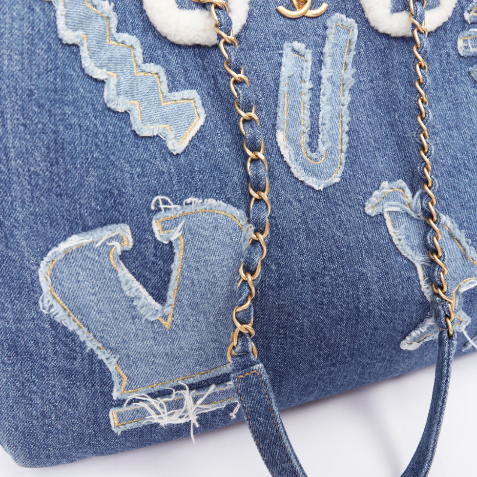 CHANEL 2019 Runway Paris-Egypt Deauville Hieroglyph Shopping Tote denim blue