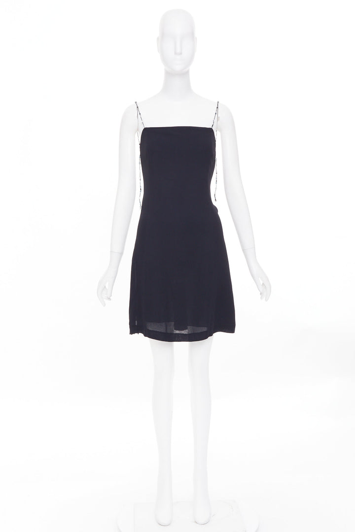 EMPORIO ARMANI Vintage beaded strap black square neck slip mini dress IT38 XS