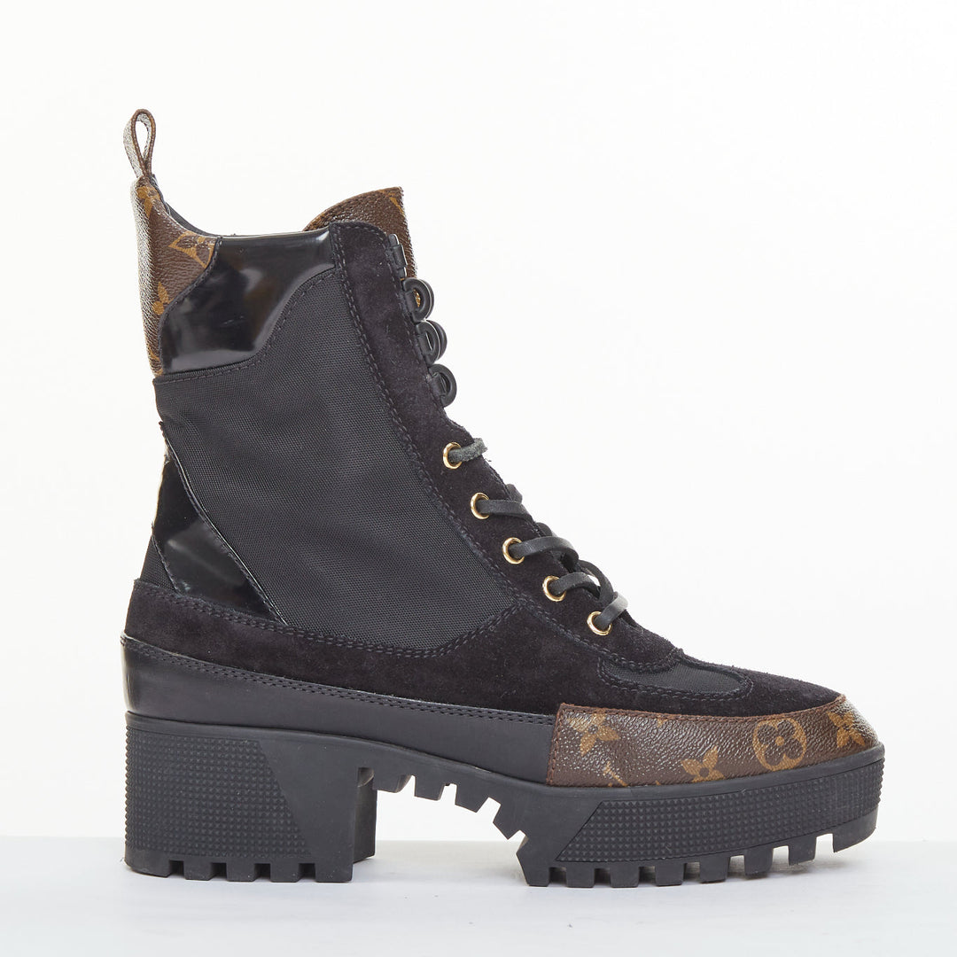 LOUIS VUITTON Laureate platform monogram black suede desert combat boot EU39 US9