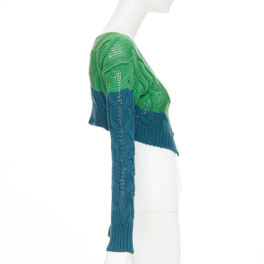 ETRO 2023 bicolor green teal cotton cashmere mixed cable knit cardigan IT38 XXS