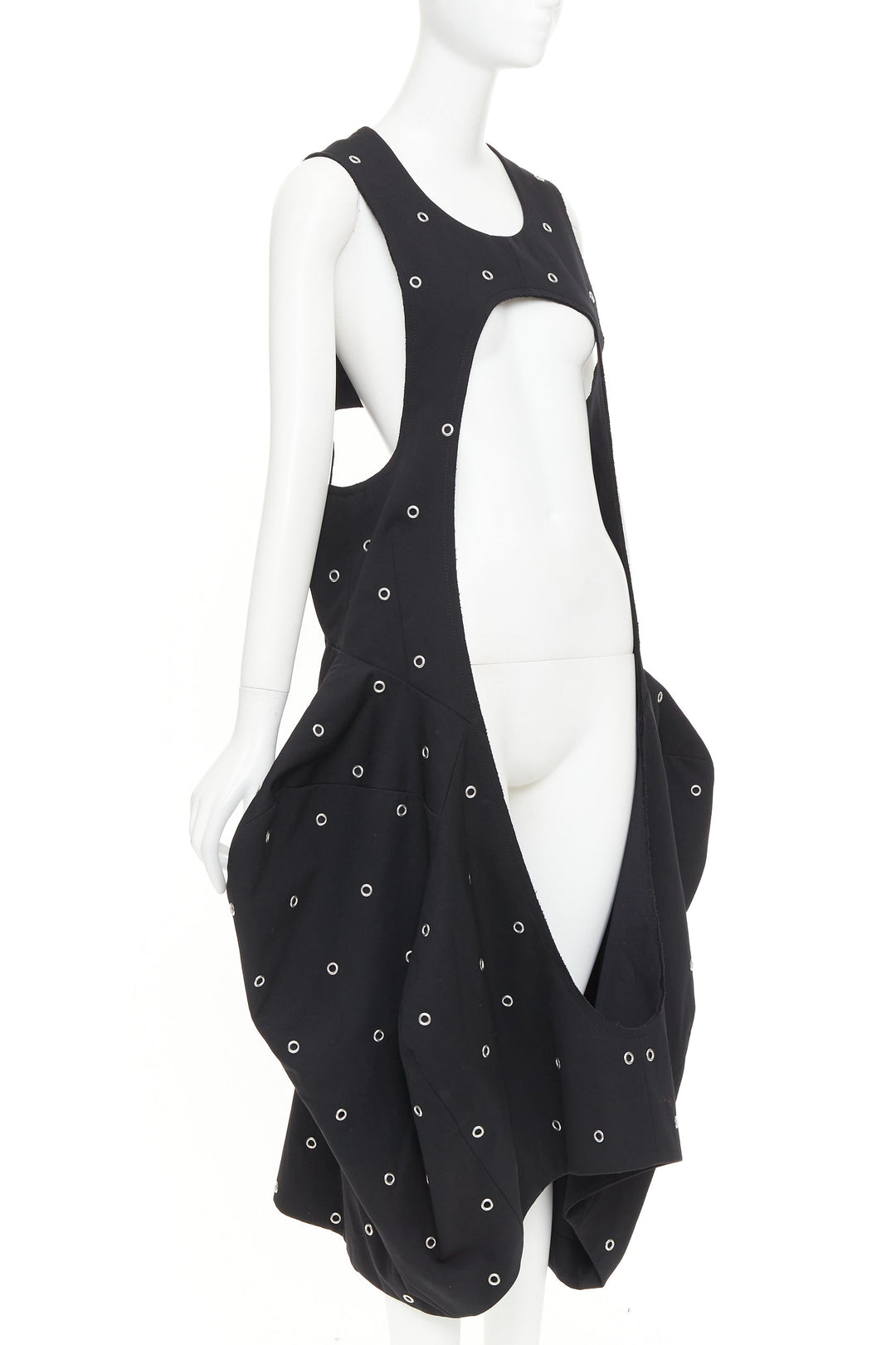 rare COMME DES GARCONS 2019 Runway wool silver grommet cut out pannier dress S