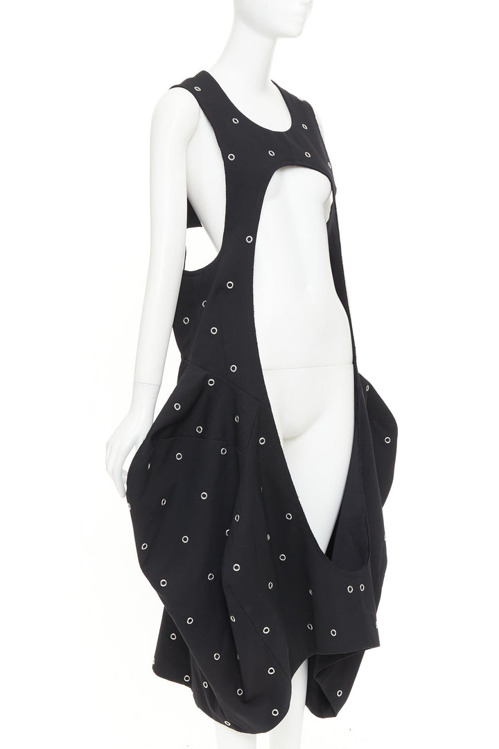 rare COMME DES GARCONS 2019 Runway wool silver grommet cut out pannier dress S