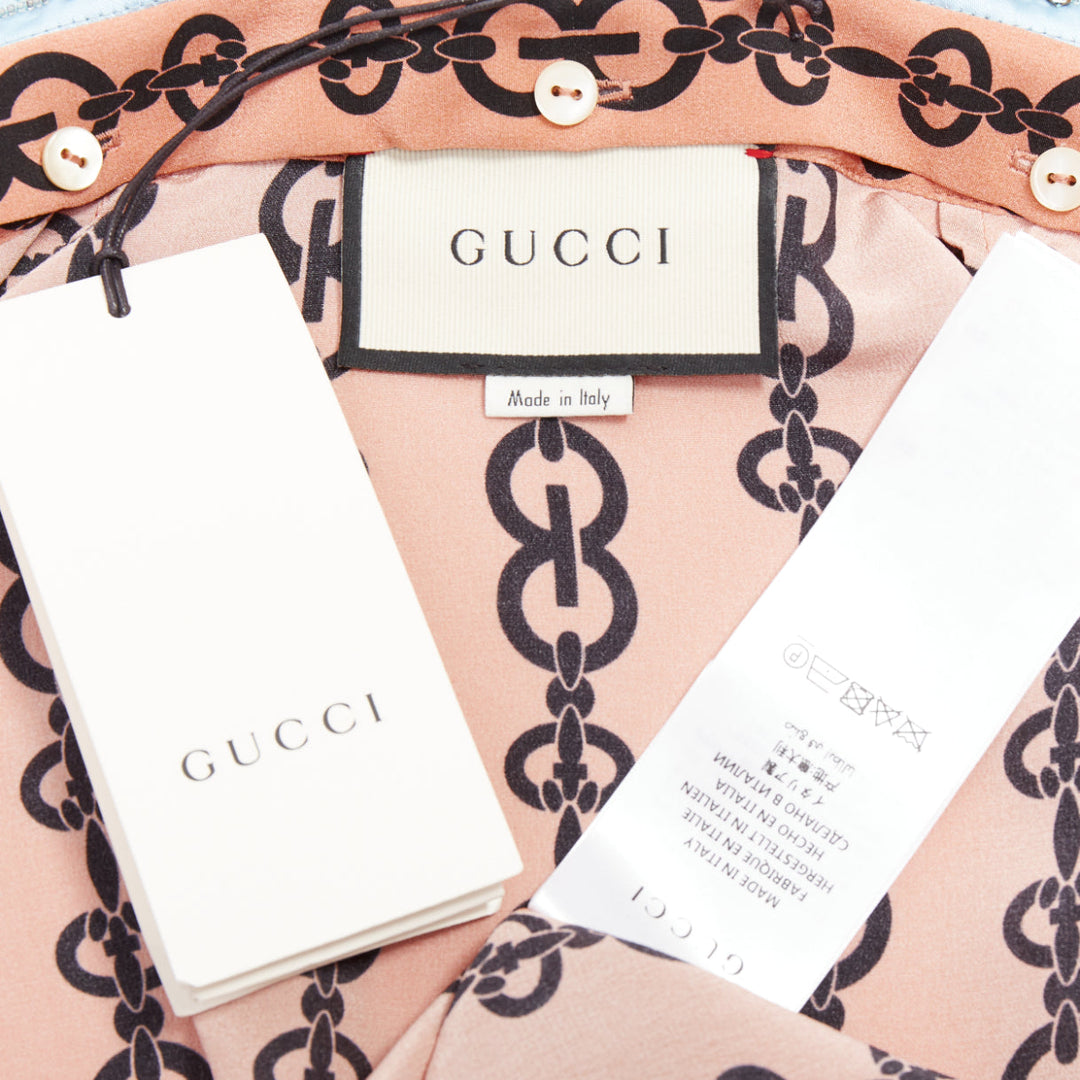 GUCCI Michele 2017 pink silk chain blue embroidered collar blouse IT38 XS