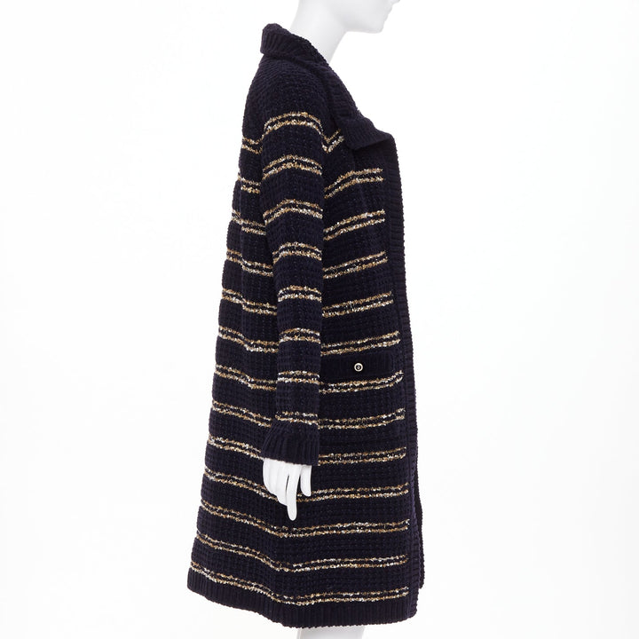 CHANEL 20A Runway navy gold wool blend tweed striped knit cardigan coat FR34 XS