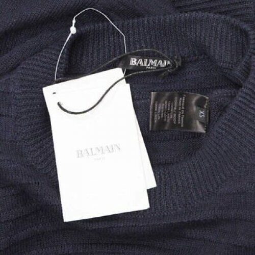 BALMAIN 100% linen navy stripe gold military button distressed sweater XS