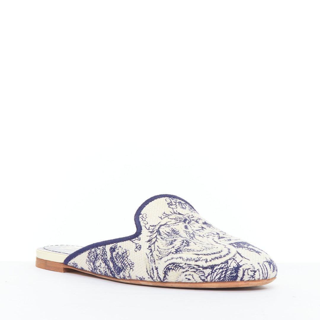 CHRISTIAN DIOR Off navy Toile de Jouy print canvas mule flats EU38