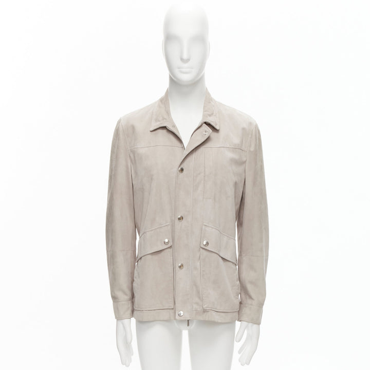 BRUNELLO CUCINELLI light grey genuine soft suede leather flap pocket jacket M