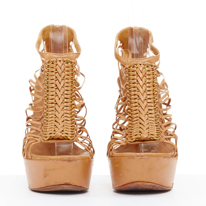 ALEXANDER MCQUEEN beige braided rings wooden curved heels platform sandal EU37.5