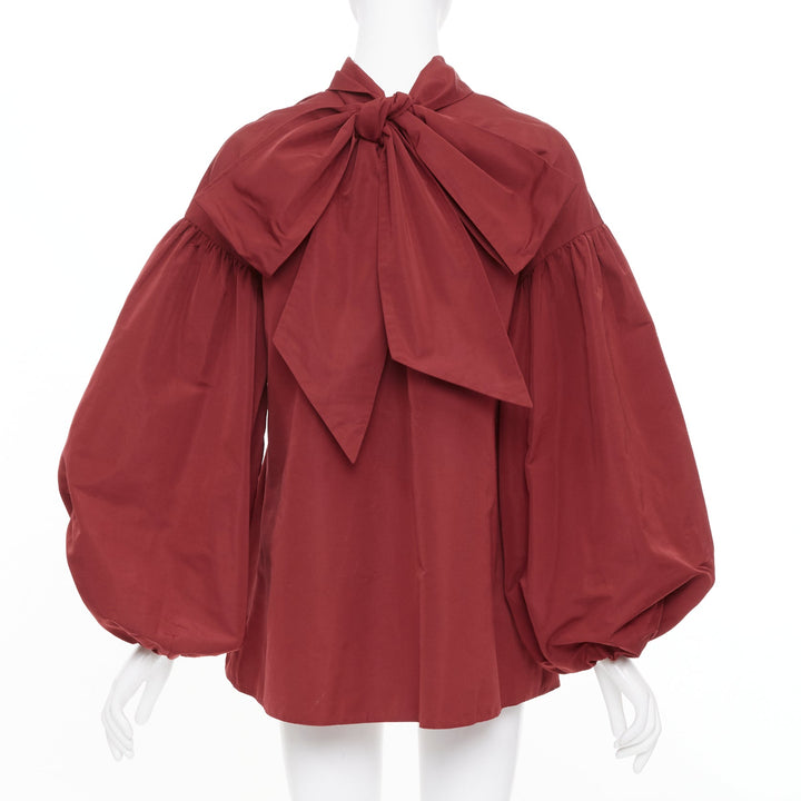 VALENTINO dark red cotton mock neck oversized volume puff sleeve top IT40 S
