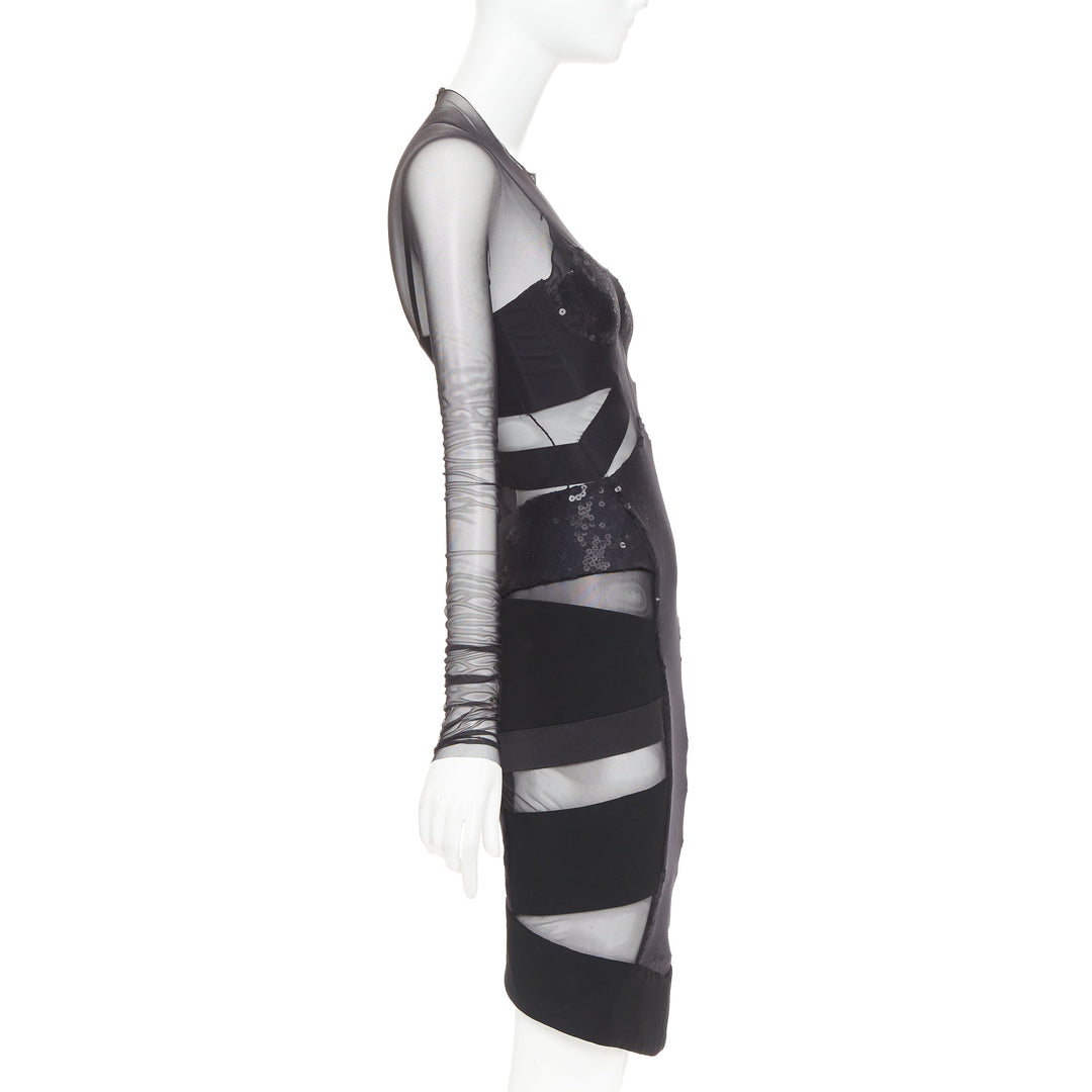 ALEXANDRE VAUTHIER COUTURE Runway black sheer panel sequin cut out boned dress