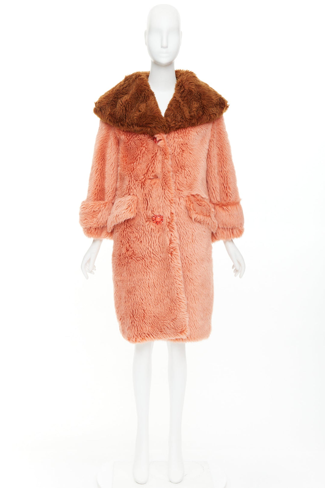 MIU MIU 2017 Runway orange brown XL flower button faux fur oversize coat IT36 XS