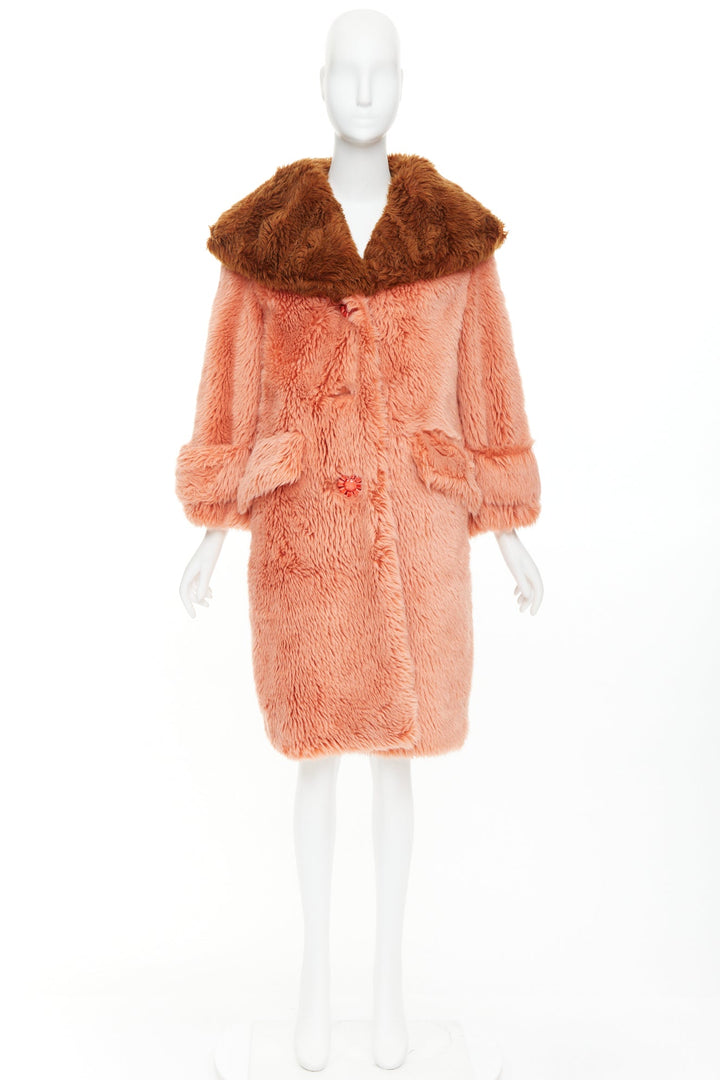 MIU MIU 2017 Runway orange brown XL flower button faux fur oversize coat IT36 XS