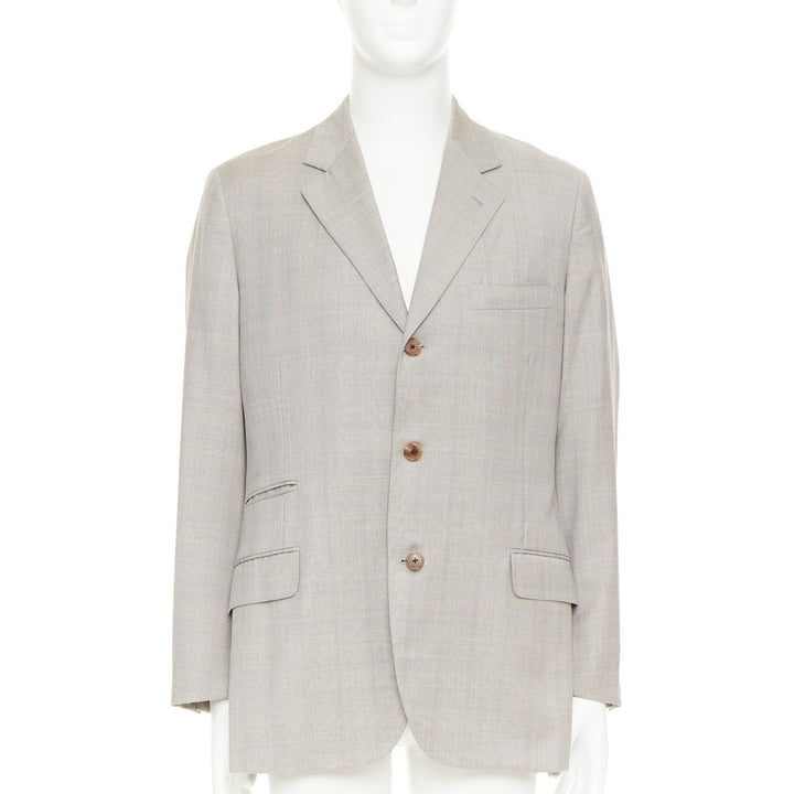 HERMES light grey 100% wool checked full canvas flap pockets blazer EU50 L