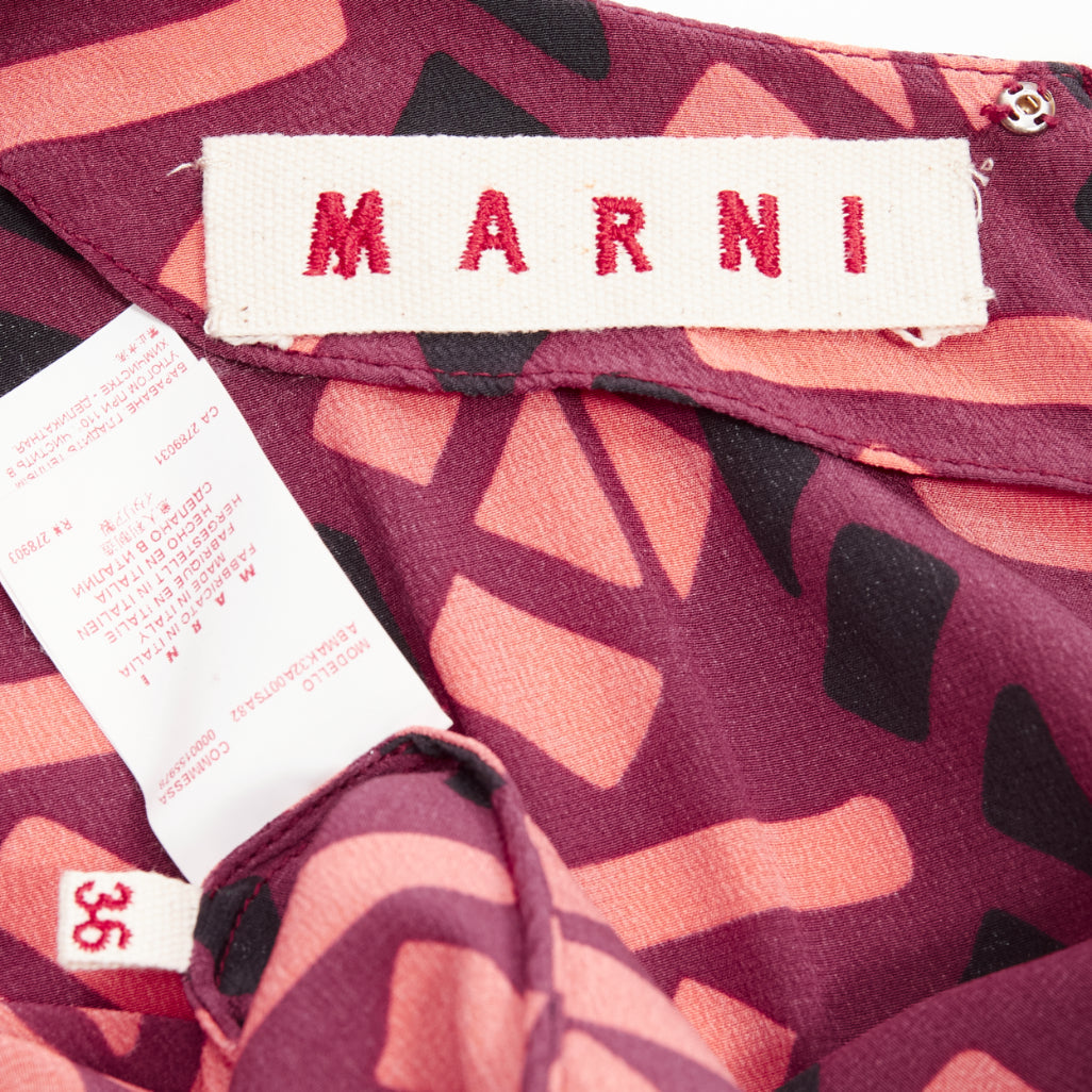 MARNI 100% silk burgundy pink geometric print cap sleeves dress IT36 XS