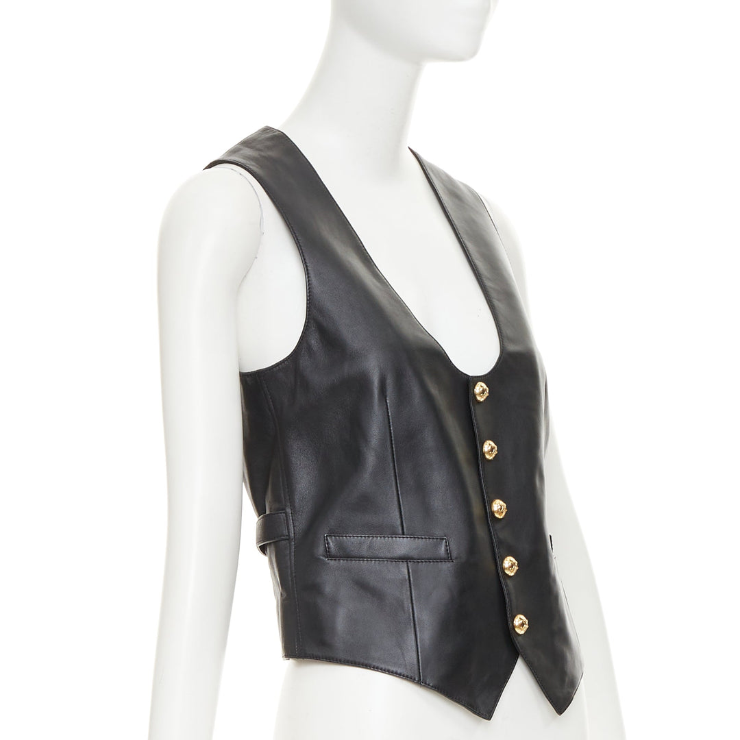 CELINE black lambskin leather gold Triomphe button waistcoat vest FR36 S