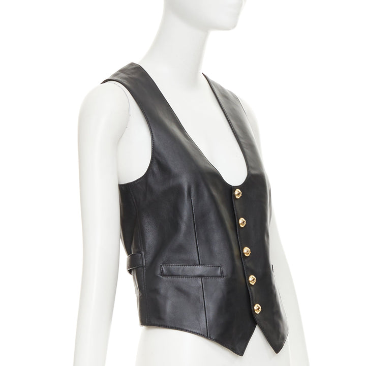 CELINE black lambskin leather gold Triomphe button waistcoat vest FR36 S