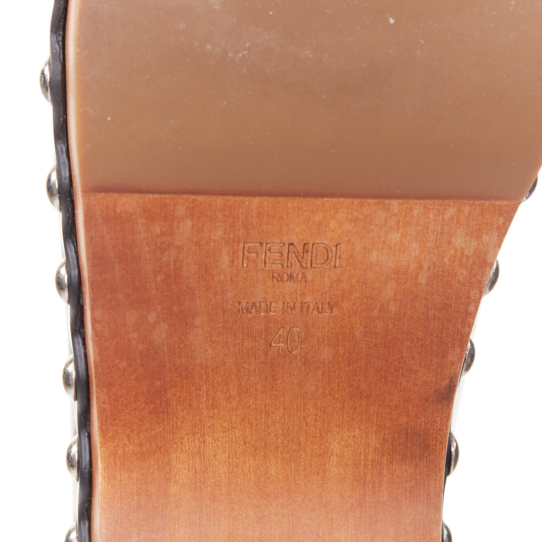 FENDI Hypnoteyes Monster Bag Bug black stud embellished wooden clog mules EU40