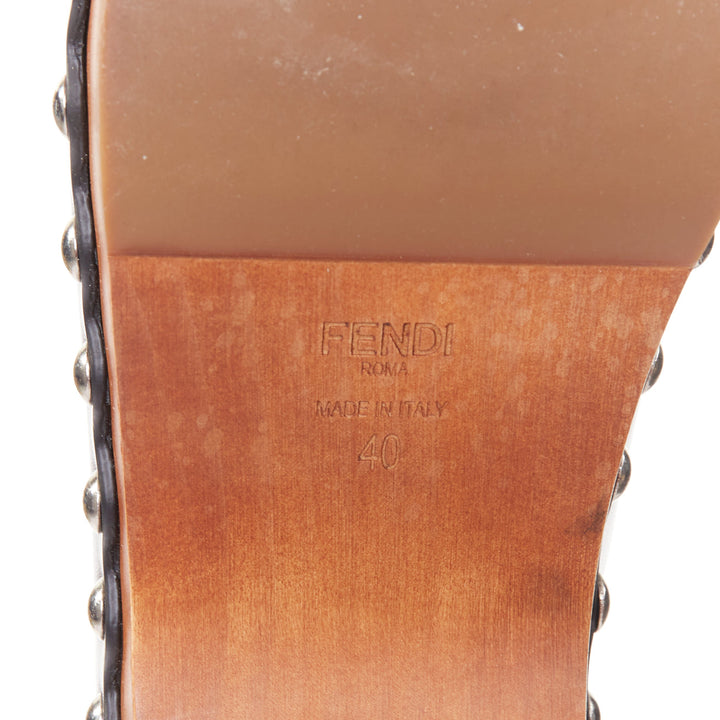 FENDI Hypnoteyes Monster Bag Bug black stud embellished wooden clog mules EU40