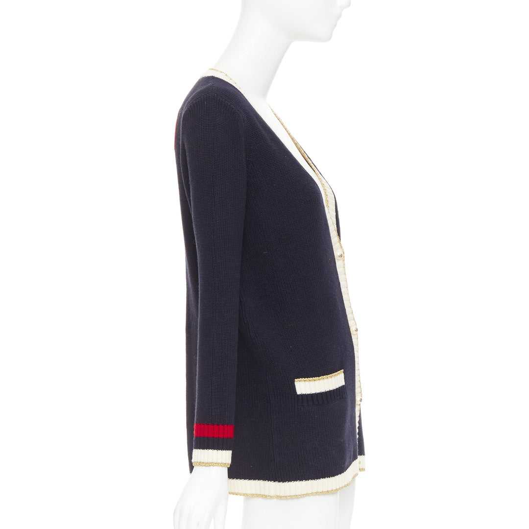 GUCCI Alessandro Michele navy cotton blend web pearl button cardigan XS