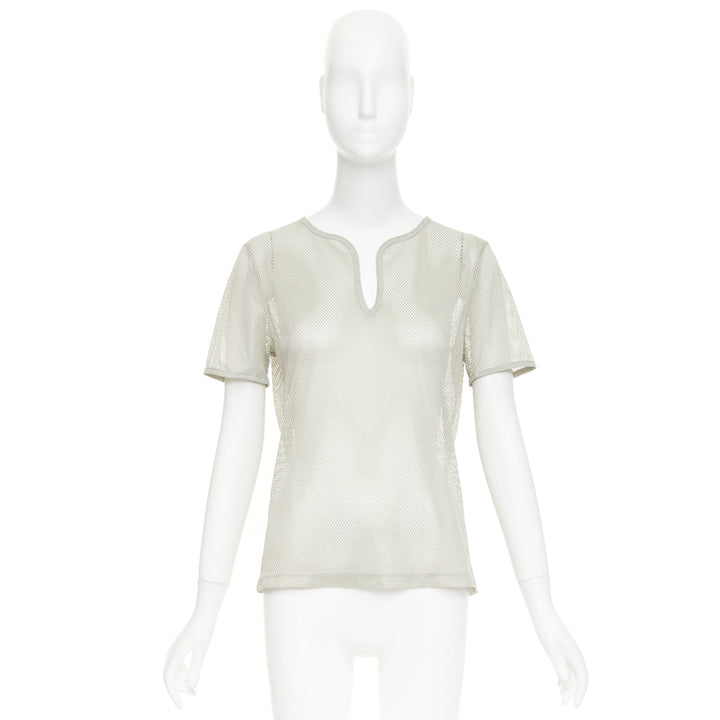 CHANEL SPORTS 03P Vintage grey sheer mesh silver CC logo split neck top FR40 L