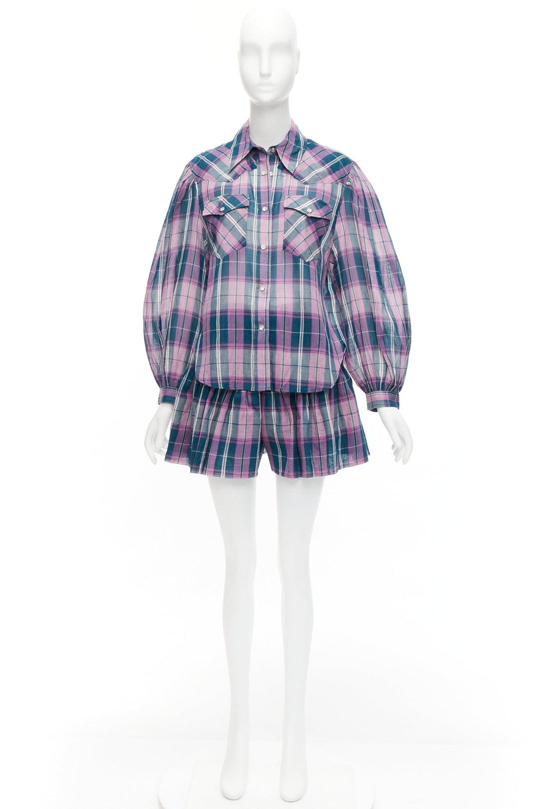 ISABEL MARANT ETOILE Bethany purple cotton check top FR34 XS shorts FR36 S set