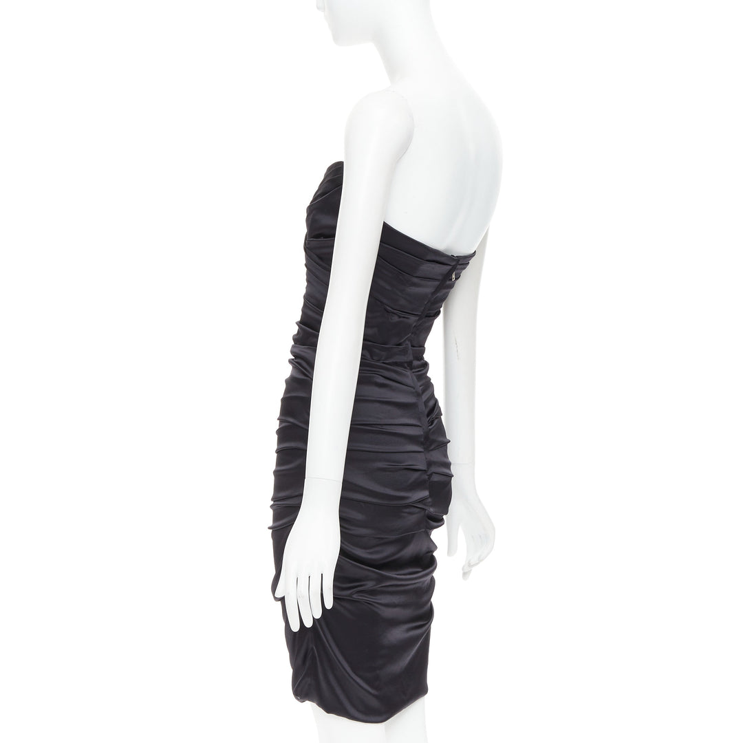 DOLCE GABBANA black silk blend angular bust rushed cocktail dress IT40 S
