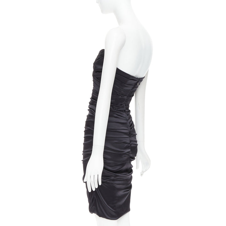 DOLCE GABBANA black silk blend angular bust rushed cocktail dress IT40 S