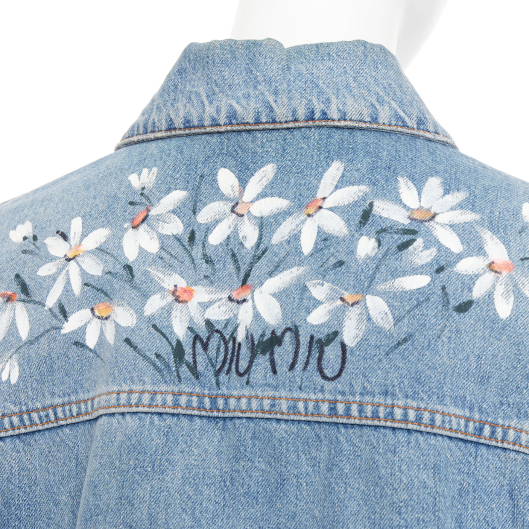 MIU MIU 2020 blue washed denim hand painted daisy floral cropped jacket IT36 XXS