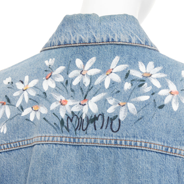 MIU MIU 2020 blue washed denim hand painted daisy floral cropped jacket IT36 XXS