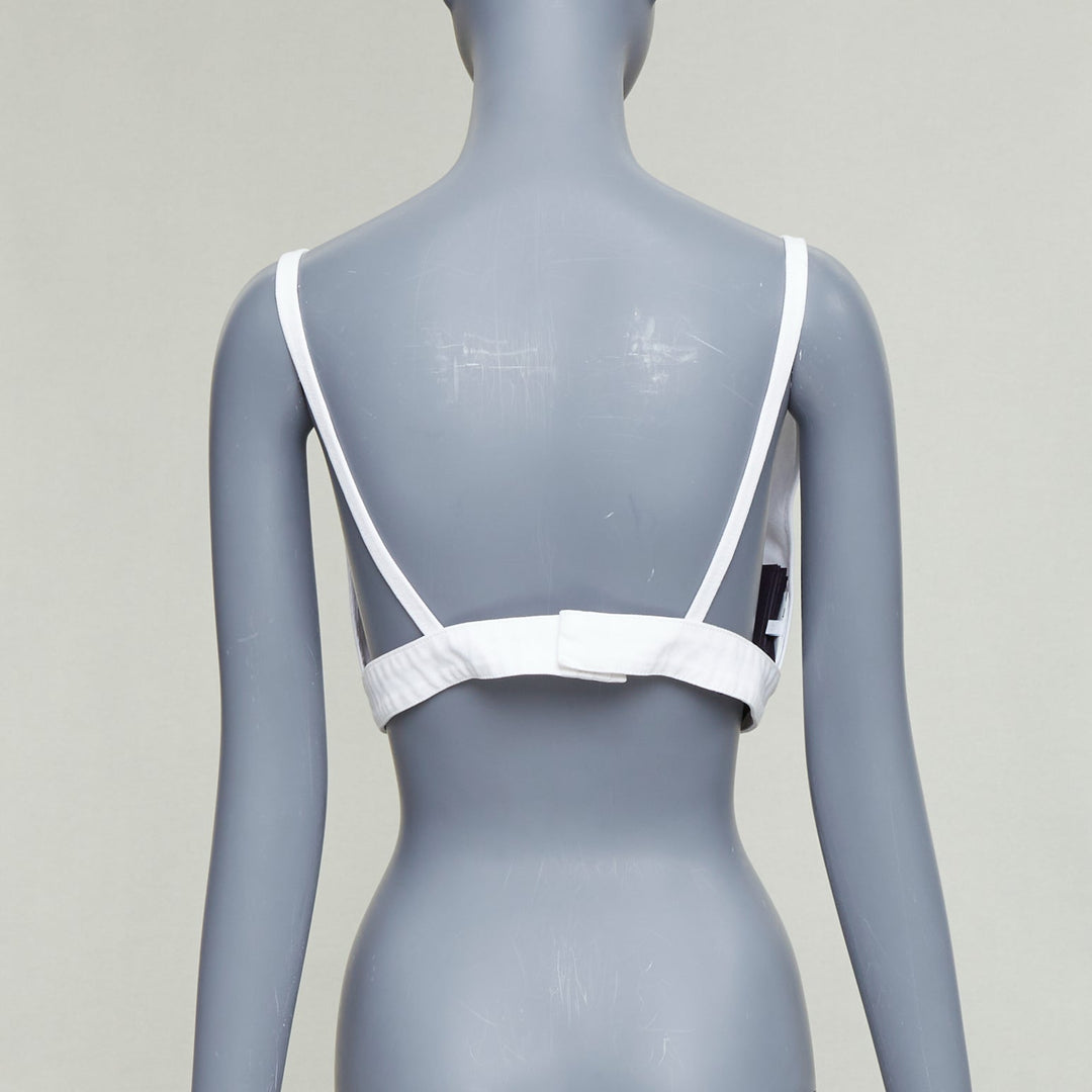 PRADA 2022 white distressed denim triangle logo plunge bralette crop top IT42 M