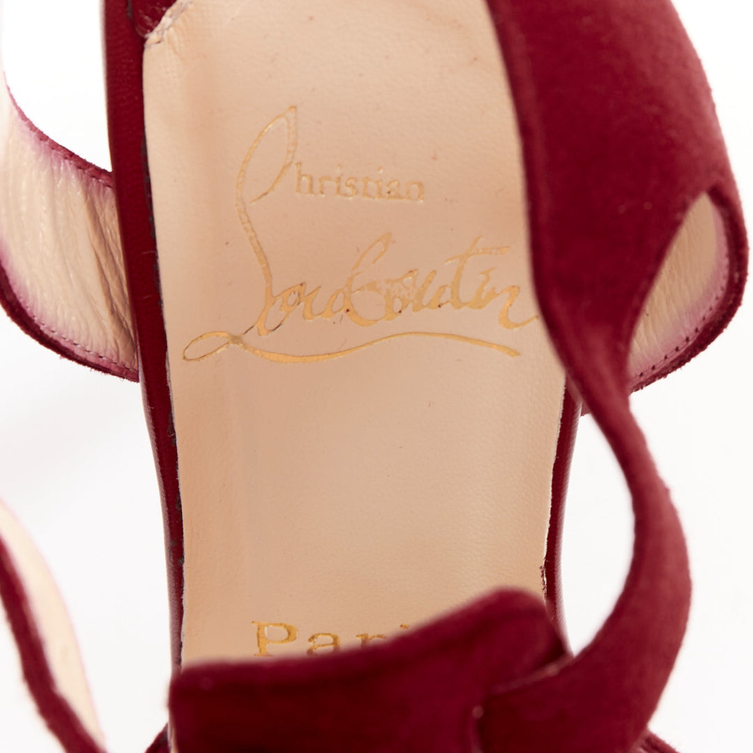 CHRISTIAN LOUBOUTIN Orlan 140 Suede dark red Tstrap platform buckle sandals EU38