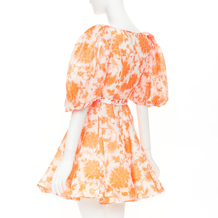 ZIMMERMANN Postcard orange floral linen silk puff sleeve flare mini dress Sz0 XS