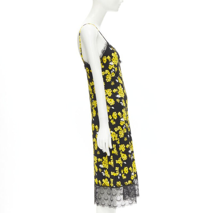 MICHAEL MICHAEL KORS black yellow floral print lace trimmed summer dress M