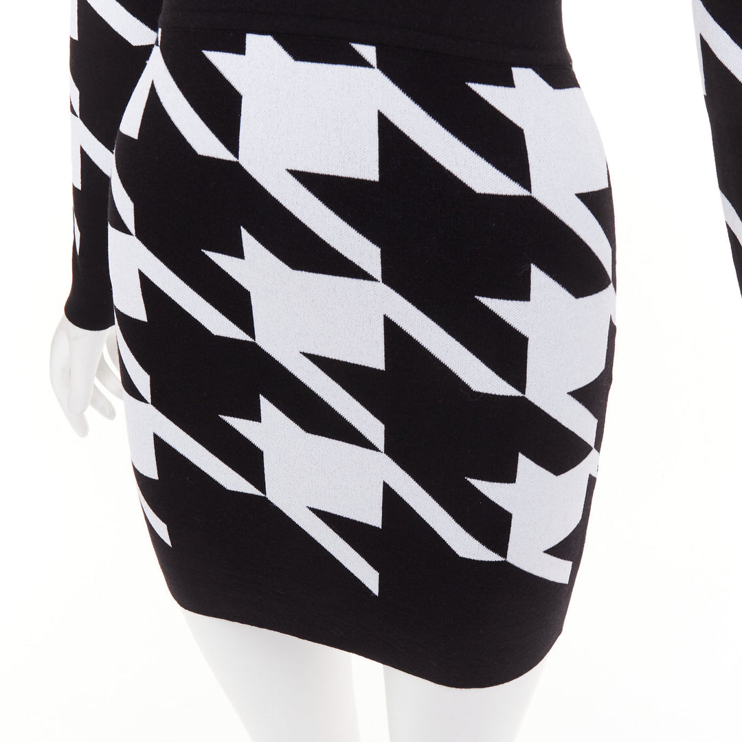 BALMAIN Houndstooth Mini black white bold print jacquard padded dress FR36 S
