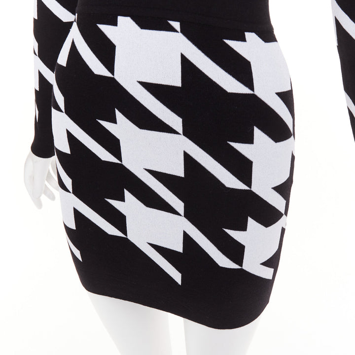 BALMAIN Houndstooth Mini black white bold print jacquard padded dress FR36 S