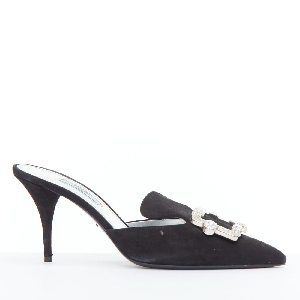 Female mannequin wearing Prada by Miuccia Prada Black Suede Women Heels in Size EU39 | Available at JHROP