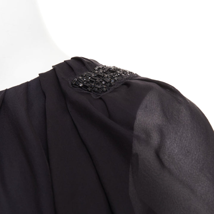 J MENDEL Chiffon Draped Top black beads embellished asymmetric blouse top US2 S