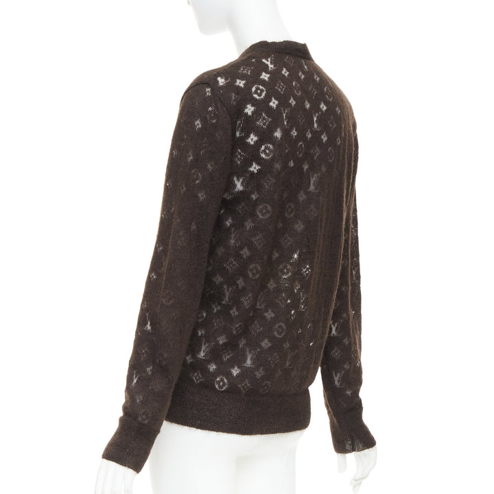 LOUIS VUITTON brown mohair blend LV logo monogram sheer knit sweater XS