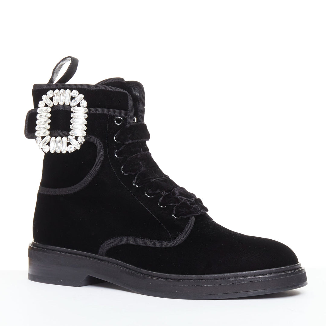 ROGER VIVIER 2020 Viv Rangers black velvet crystal buckle combat boots EU37.5