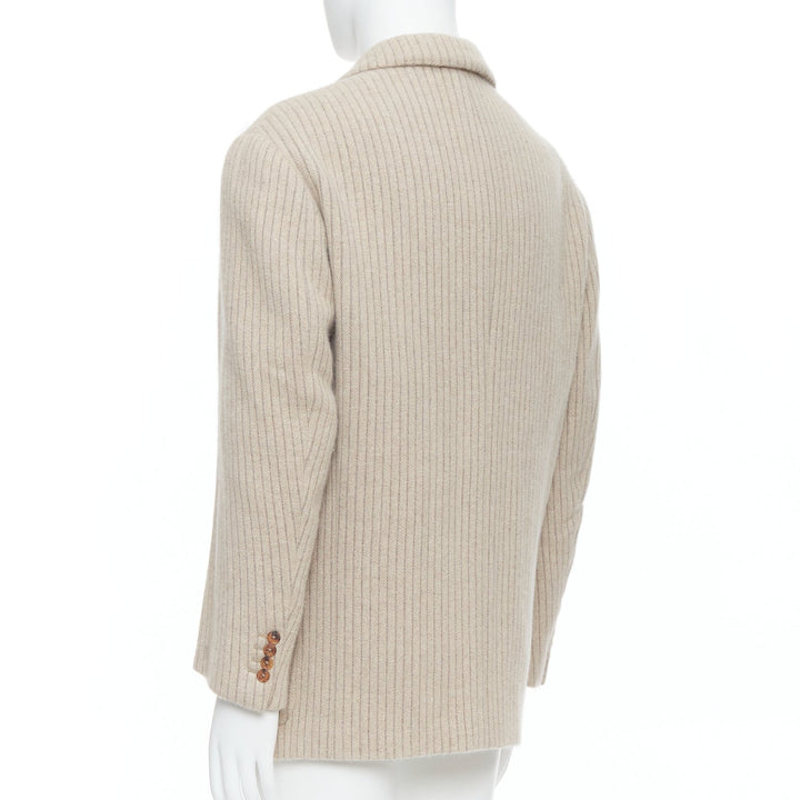 HERMES Angora Wool Cashgora beige verticle stripe knit boxy blazer FR48 M