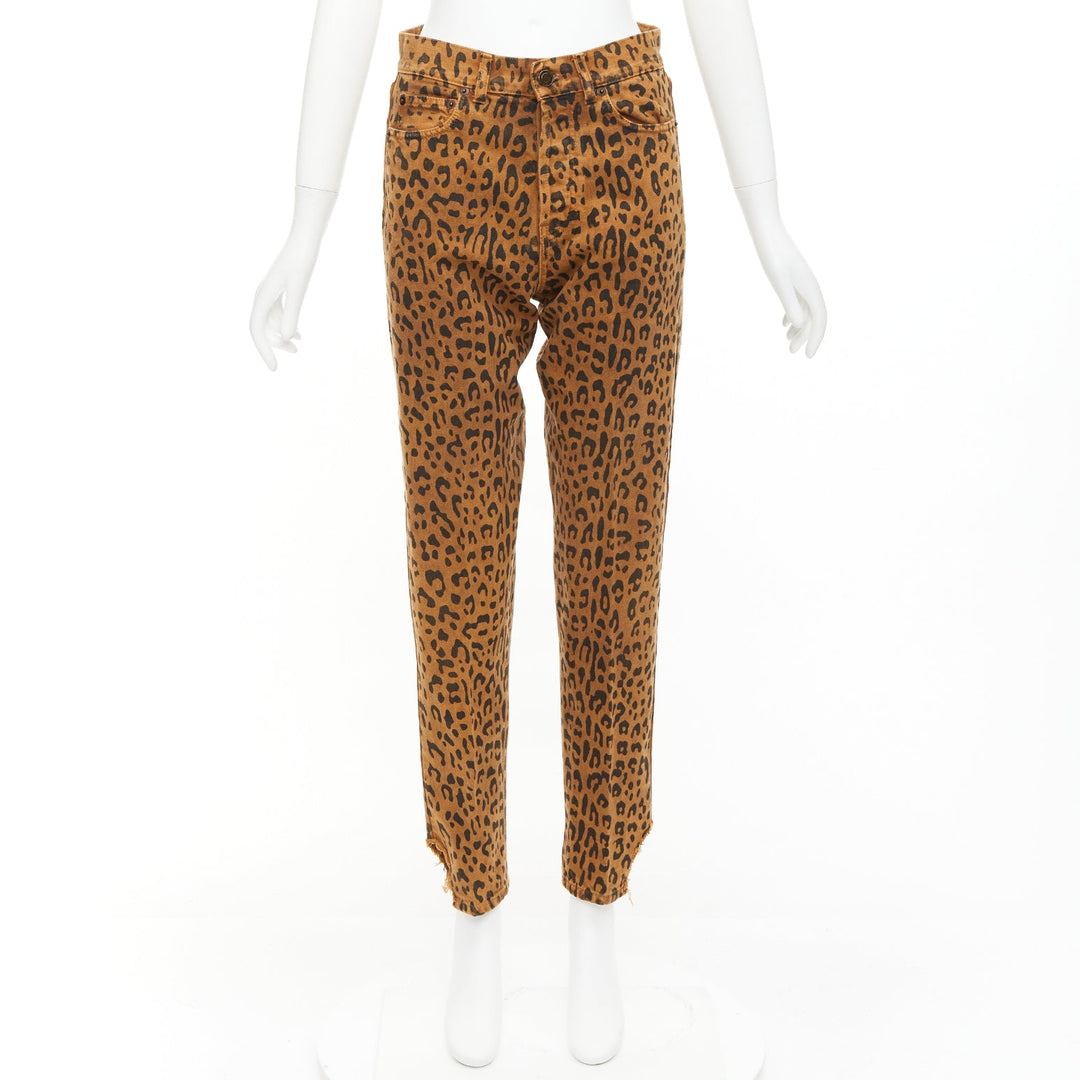 SAINT LAURENT 2018 brown leopard animal print distressed hem jeans 27"