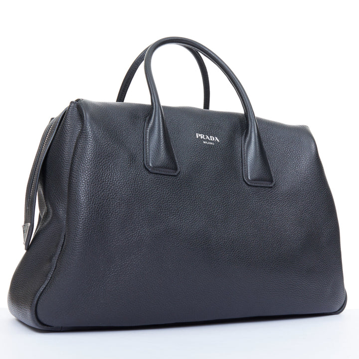 PRADA Vitello Daino metal logo black pebbled calfskin travel weekender tote bag