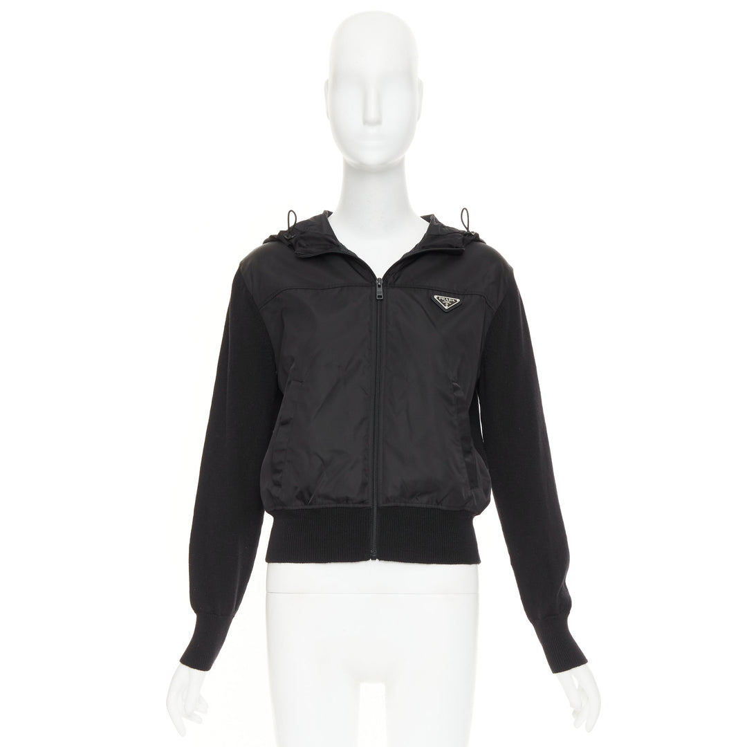 PRADA 2021 wool nylon front silver triangle plague zip up hoodie jacket IT42 M