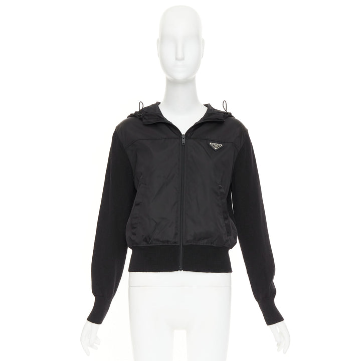 PRADA 2021 wool nylon front silver triangle plague zip up hoodie jacket IT42 M