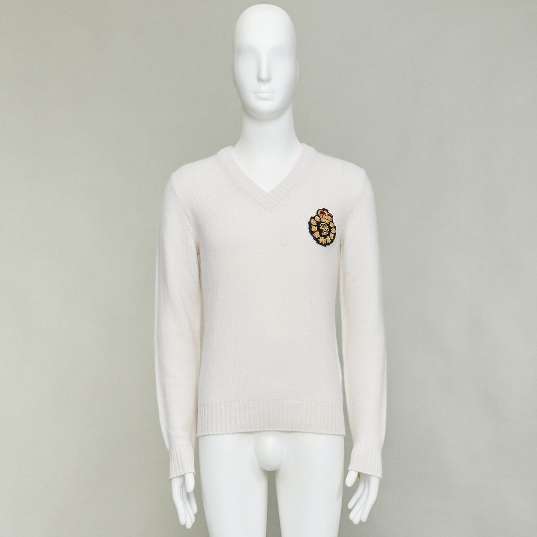 DOLCE GABBANA cream cashmere gold varsity badge v-neck sweater IT46 S